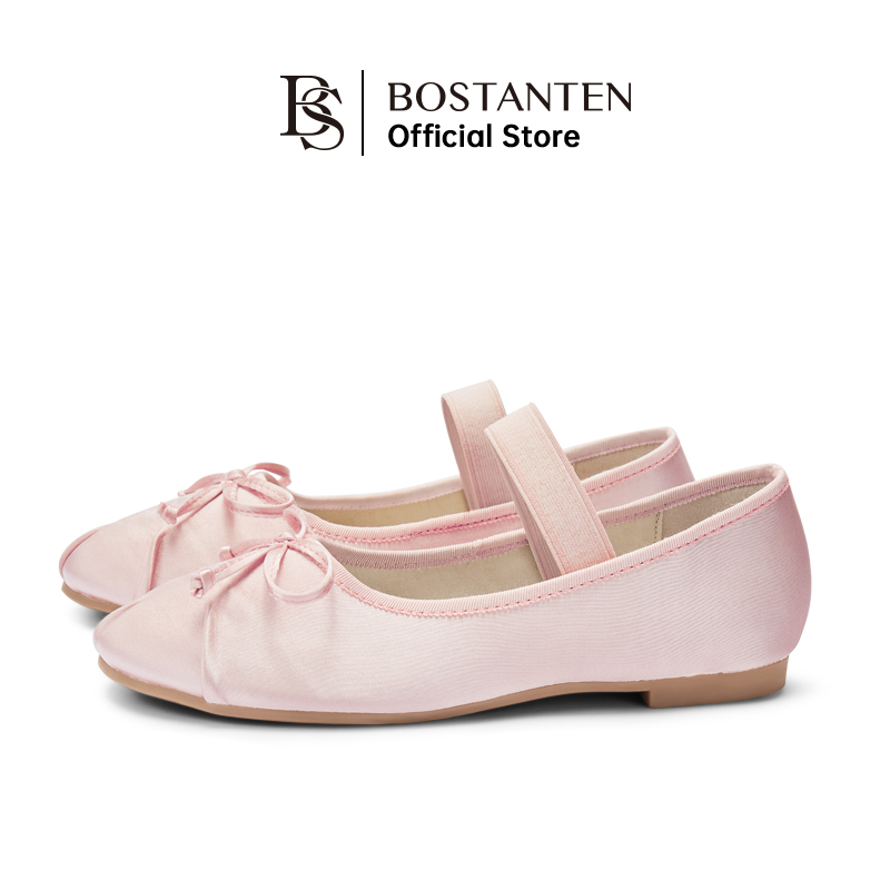 BOSTANTEN Sepatu Wanita Karet Elastis Ujung Bulat Desain Kasual Nyaman Elegan Warna Pink dan Putih 36-40