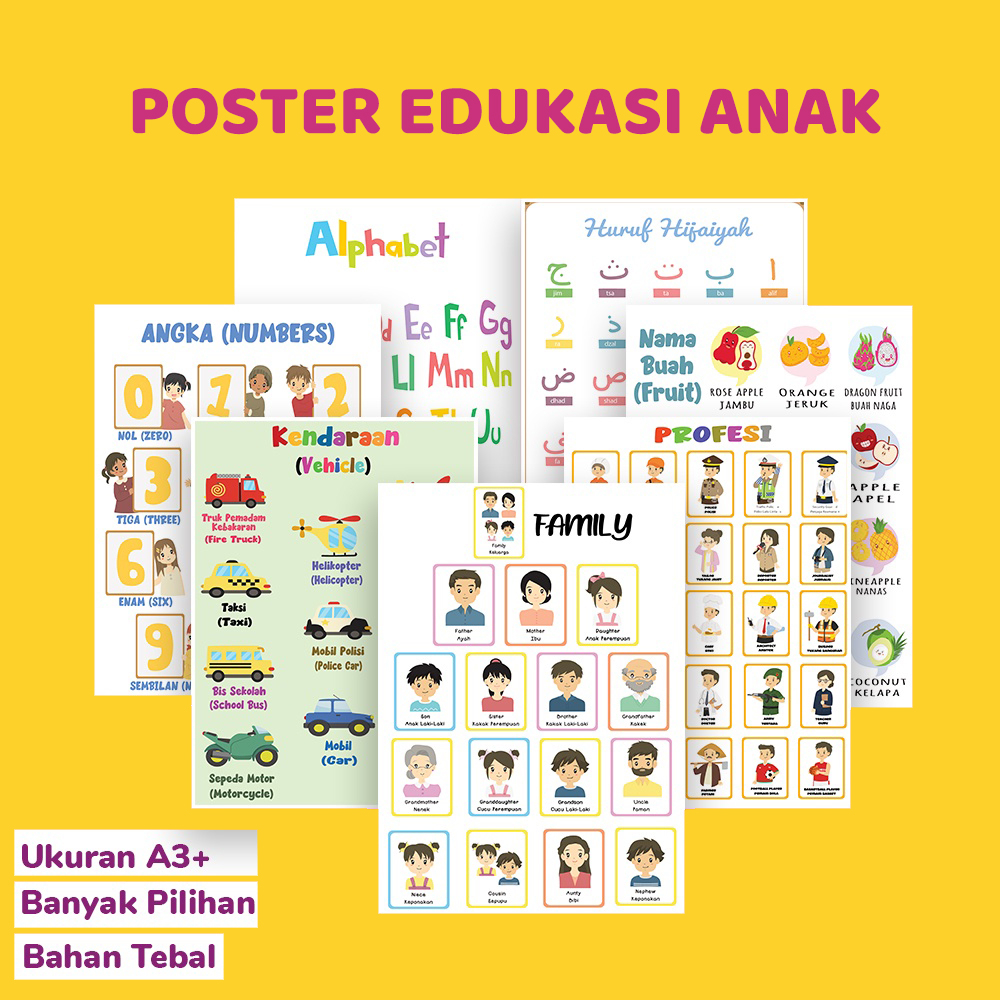 POSTER EDUKASI ANAK PAUD TK SD - POSTER ALPHABET / ANGKA / HIJAIYAH / BENTUK / WARNA