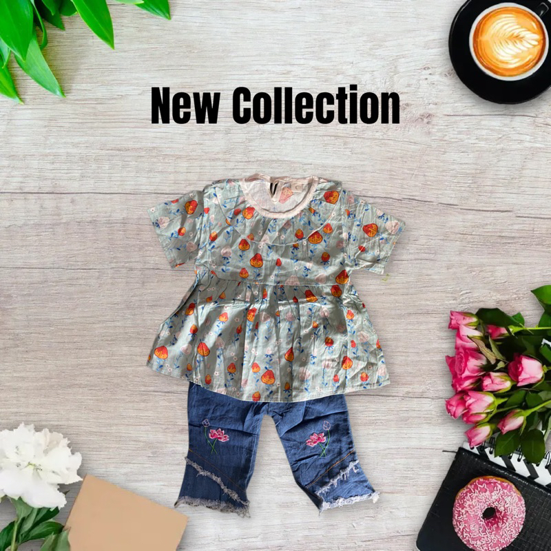 Setelan anak bahan katun motif bunga