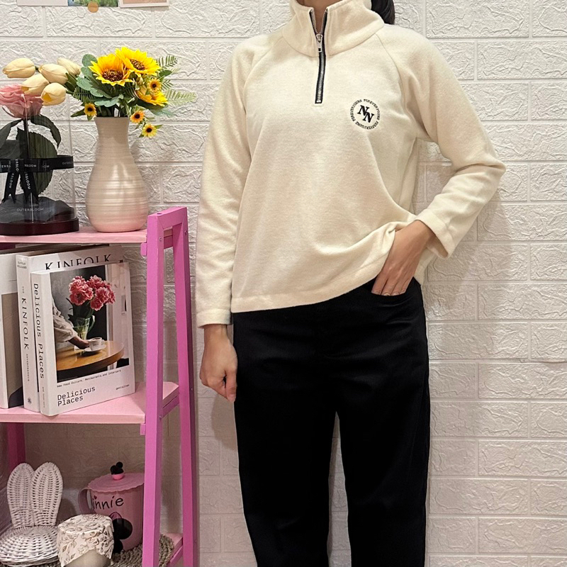 𝙋𝙍𝙀𝙇𝙊𝙑𝙀𝘿 Its Ninette Cream High Neck Zipper Jacket Fur Outer Bulu Cardigan Fashion Wanita