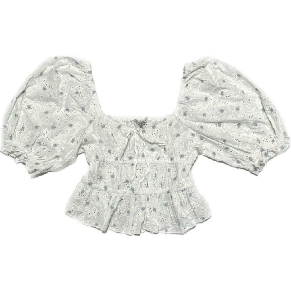 Guess Pointelle Floral Eyelet Milkmaid Crop Puffy Top | Bunga flowers lilac white putih bodyfit coqu