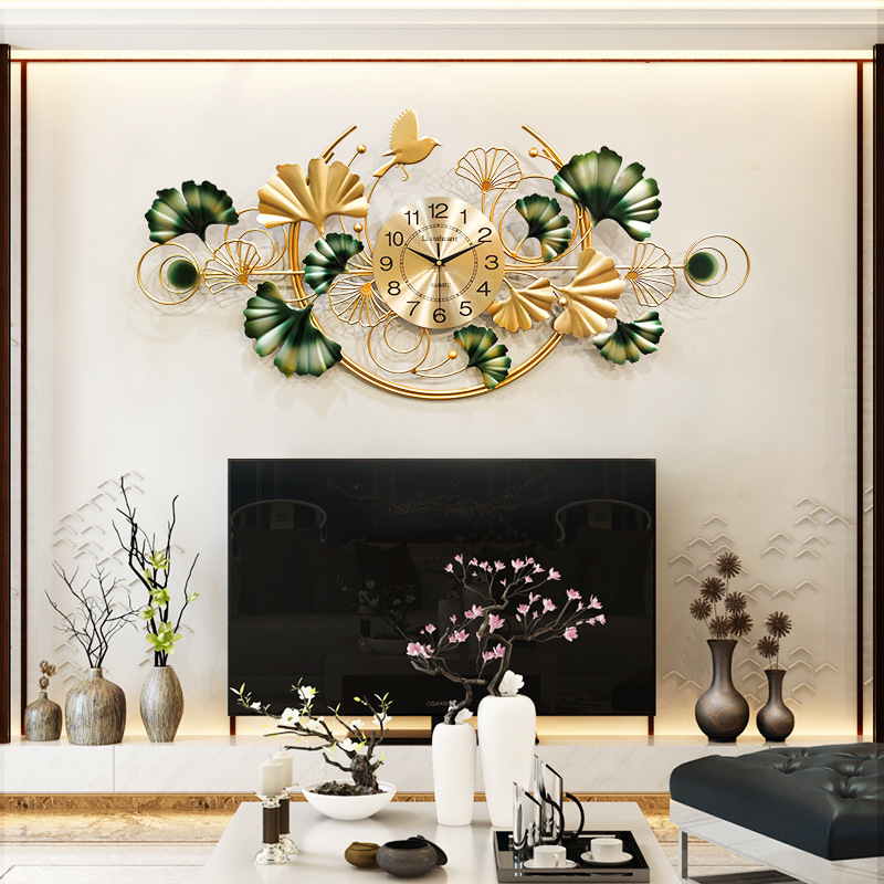 ⚡Ukuran besar 100*50cm⚡Jam Dinding Metal Luxury Ginkgo Leaf Jumbo Mewah Ruang Tamu Jam - Jam dinding Aesthetic Dekorasi Rumah 3D