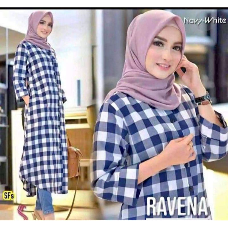 long tunik kemeja motif kotak kotak atasan baju wanita terbaru