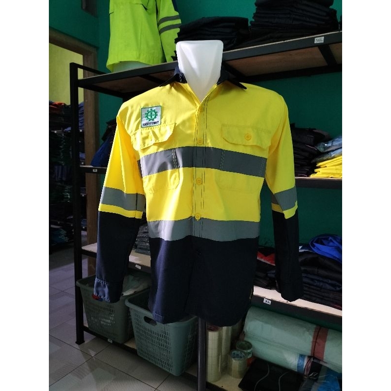 Wearpack Safety Atasan Lengan Panjang Baju Kerja Dongker Kombinasi Kuning