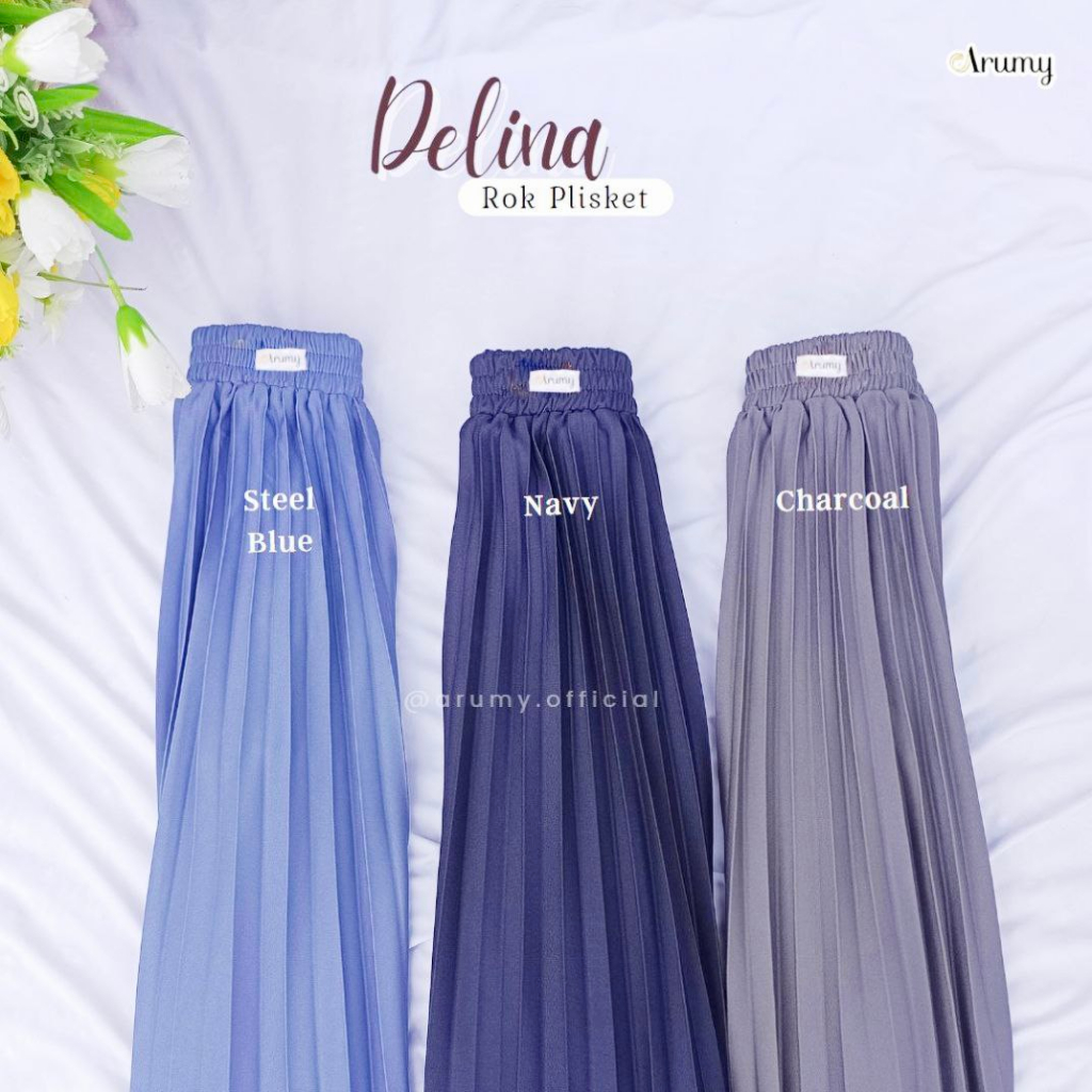 DELINA ROK PLISKET PREMIUM BY ARUMY OFFICIAL FASHION WANITA PANJANG FLARE BAHAN HYGET JUMBO SIZE MAY