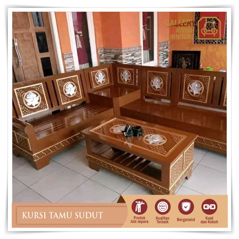 Kursi Bangku Ruang Tamu Sudut Minimalis Kayu Jati