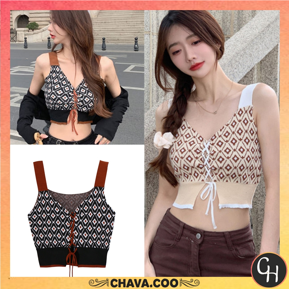 CHAVA | BJ1293 Baju Tanktop CropTop Knit Vest Atasan Rajut Vneck Korean Sexy Motif Tali Ikat Depan