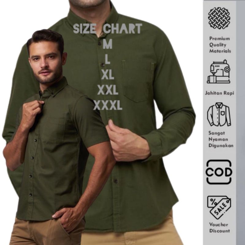 Kemeja Pria Polos Warna Hijau Army Lengan Panjang Pendek Jumbo hem atasan cowok warna armi Formal Ca