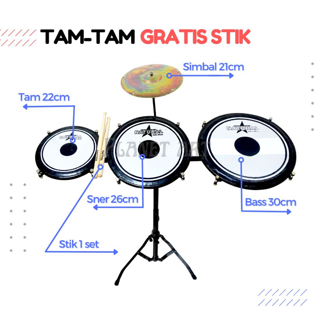 TAMTAM DRUM (BONUS 1 PASANG STIK) 1 SYMBAL DAN 2 SIMBAL / Tamtam angklung / Tamtam anak / Tamtam pen