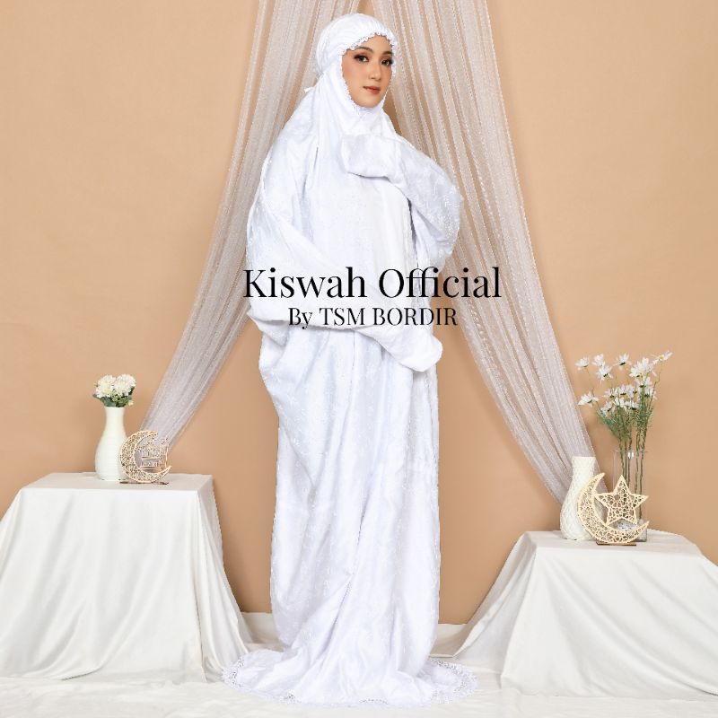 Kiswah-Mukenah Terusan Sutra putih renda Bawah Mukenah Lajuran Jumbo