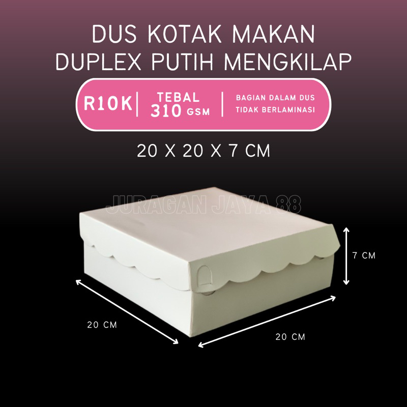 

Dus Kotak Makan (R10K) 20cm x 20cm x 7cm Duplex Coated Putih (Ketebalan 310gram) | Dus Box Kue / Kotak Nasi Makanan