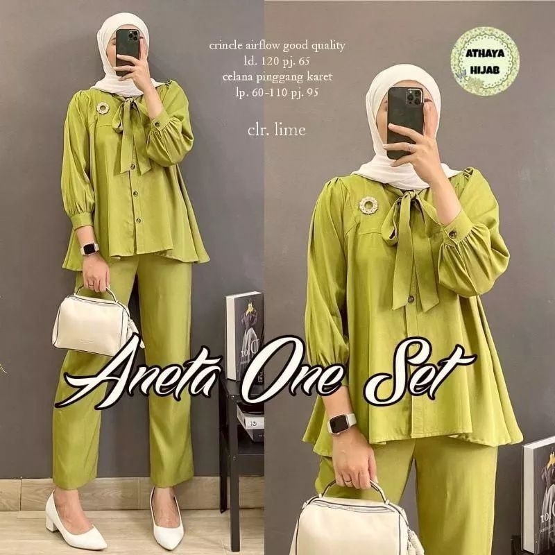 Aneta One Set Crinkle Airflow Premium Kerah Tali Lengan Panjang Balon Flowly Kancing Depan Busui