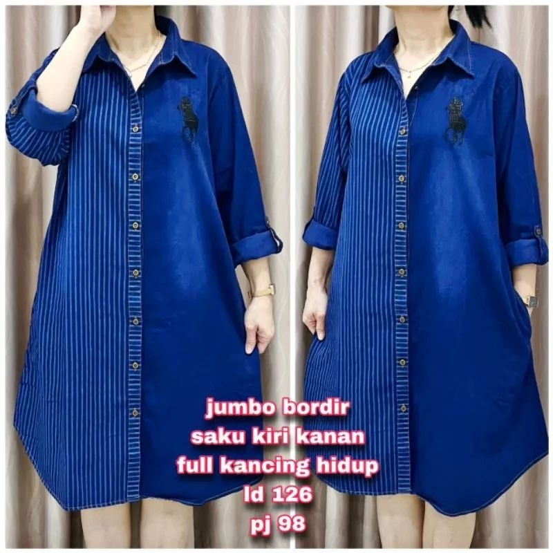 D3W Dress tunik jeans kombi jeans salur bordir, jumbo 3L, 4L, dan 5L, ada saku, kancing hidup, ada