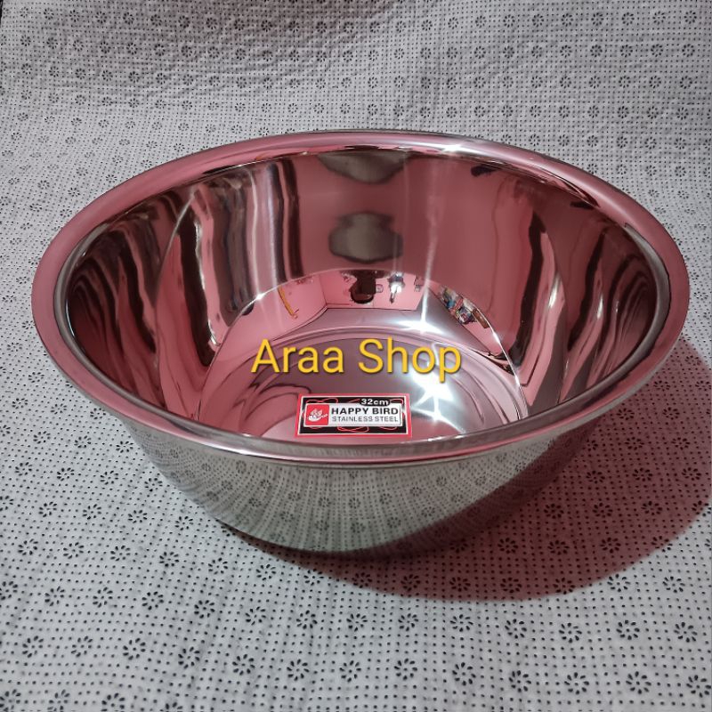 HAPPY BIRD Baskom Stainless Steel Tebal Cekung 32cm / Basi Basin Stainless Steel 32cm Dalam Kilap Be