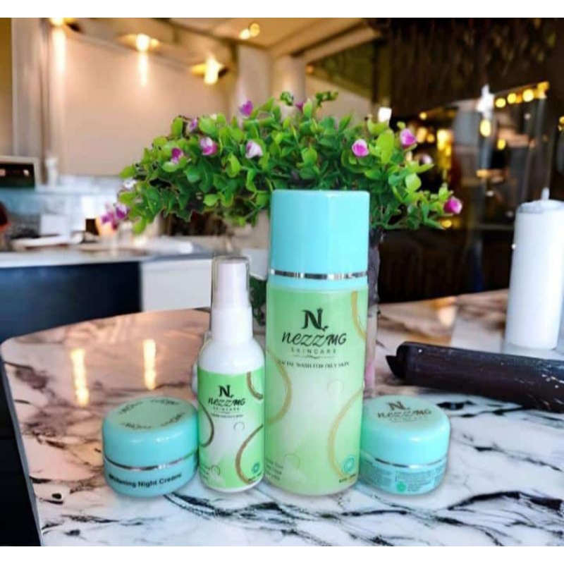 paket reguler acne nezzmg skincare terpilih dari toner ,facial wash ,cream siang cream malam