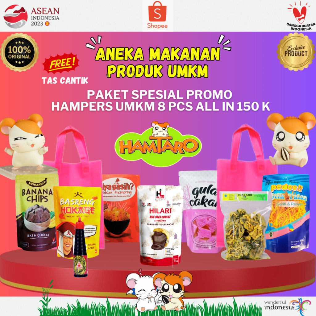 

PAKET 17 MAKANAN SPESIAL PROMO HAMPERS UMKM ALL IN 150 K FREE TAS CANTIK