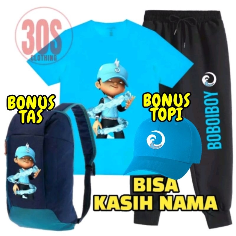 Setelan Kaos Celana Bonus Topi dan Tas Ransel Anak Boboiboy Air dan Bisa Kasih Nama