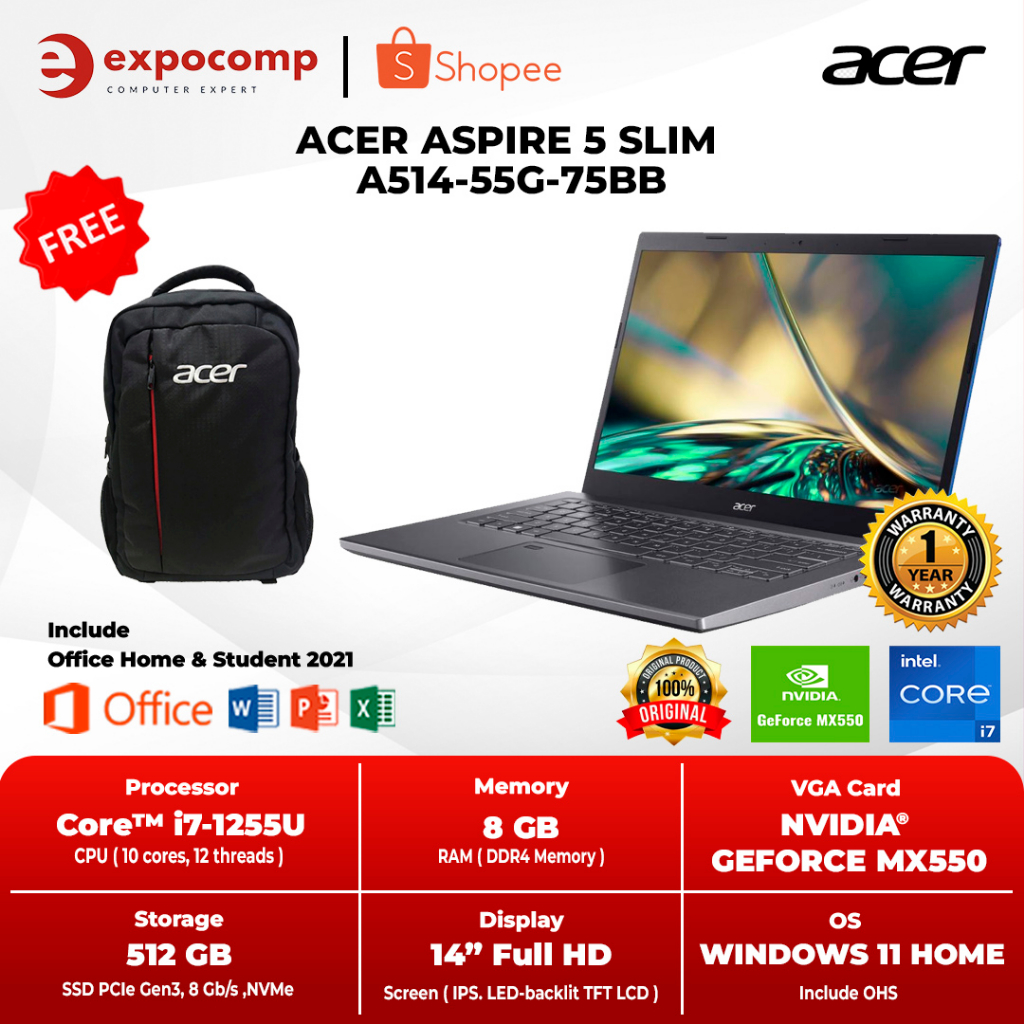 ACER ASPIRE 5 SLIM A514-55G-75BB GREY CORE i7-1255