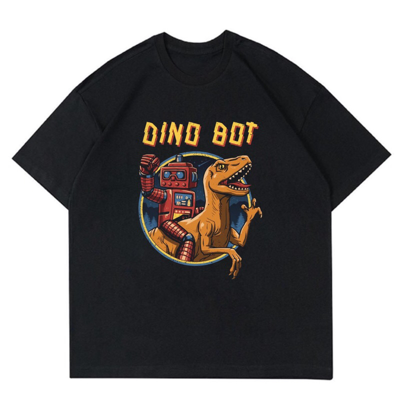 KAOS BAJU DINOSAUR AND ROBOT - DINO BOT | T-SHIRT DINO BOT BLACK VINTAGE | BAJU HITAM DISTRO PRIA OV