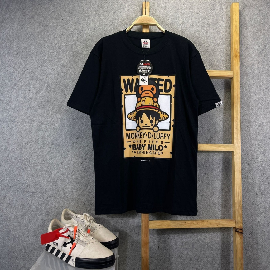 BAJU KAOS T-SHIRT BAPE A BATHING APE AAPE X ONE PIECE MONKEY D LUFFY WANTED BLACK