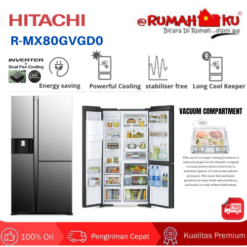 KULKAS HITACHI SIDE BY SIDE  RMX80VGD0 MIRROR