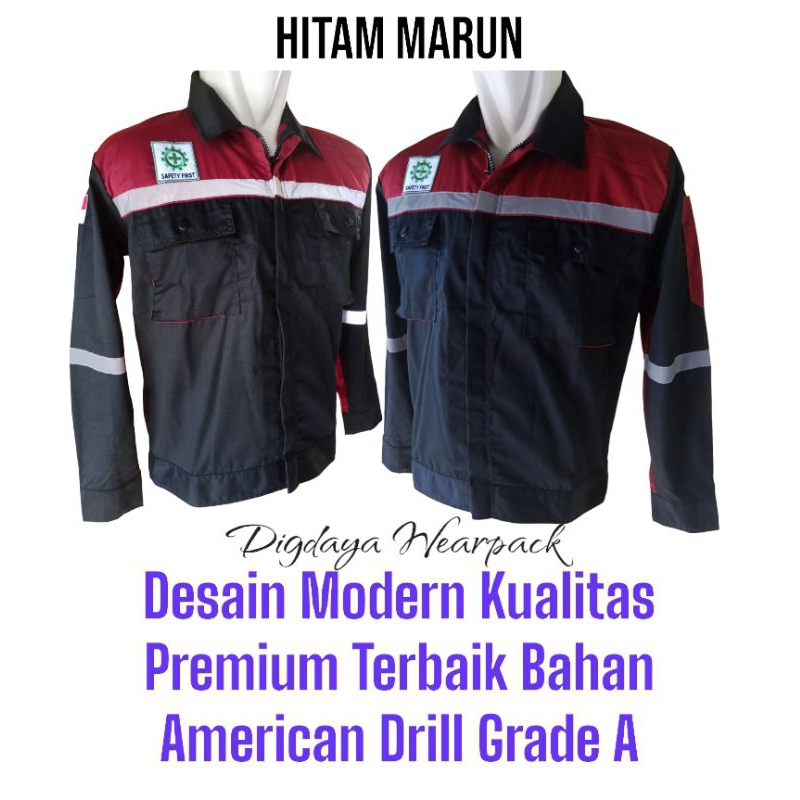 Hitam Marun Baju Wearpack Pria Safety K3 Seragam Kerja Proyek Lapangan Tambang Bengkel Las Kontruksi