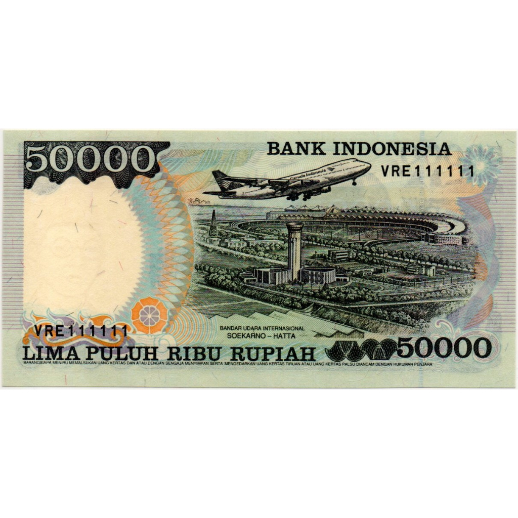 Uang Kuno Nomor Cantik VRE111111 Indonesia 50000 Rupiah 1995 (UNC)