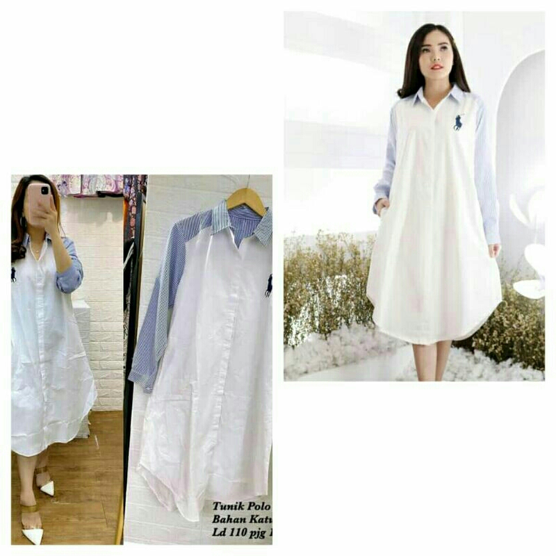 Polo Combi Tunik warna putih kombinasi biru garis salur atasan cewek panjang bahan Katun long tunic 