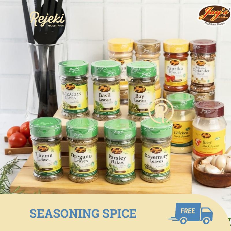 

Jay's Oregano Parsley Basil Rosemary Garlic Powder Chinese Five Spice Ngohiong Wijen - Rejeki Frozen Mart