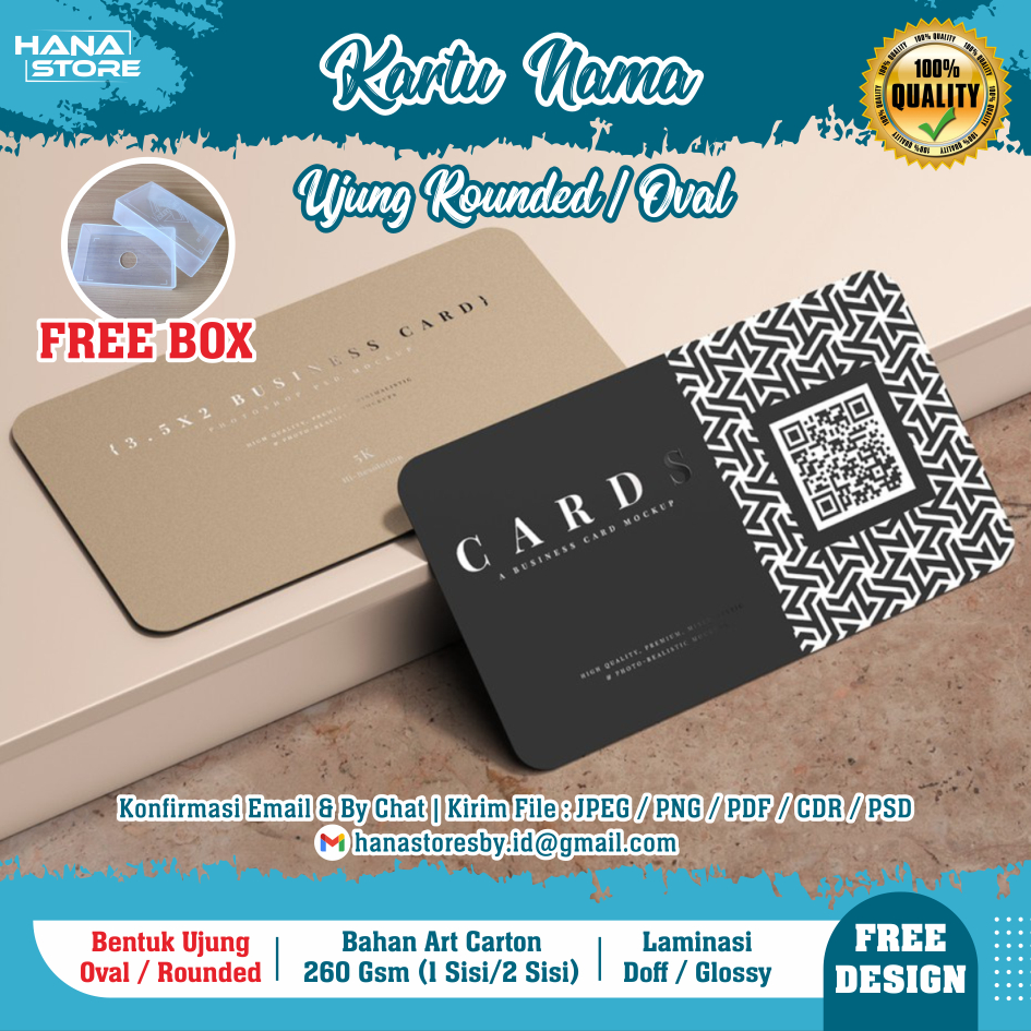 

Cetak Kartu Nama Ujung OVAL Lengkung | 1 / 2 Sisi ( Glossy / Doff / Non-Laminasi ) Name Tag