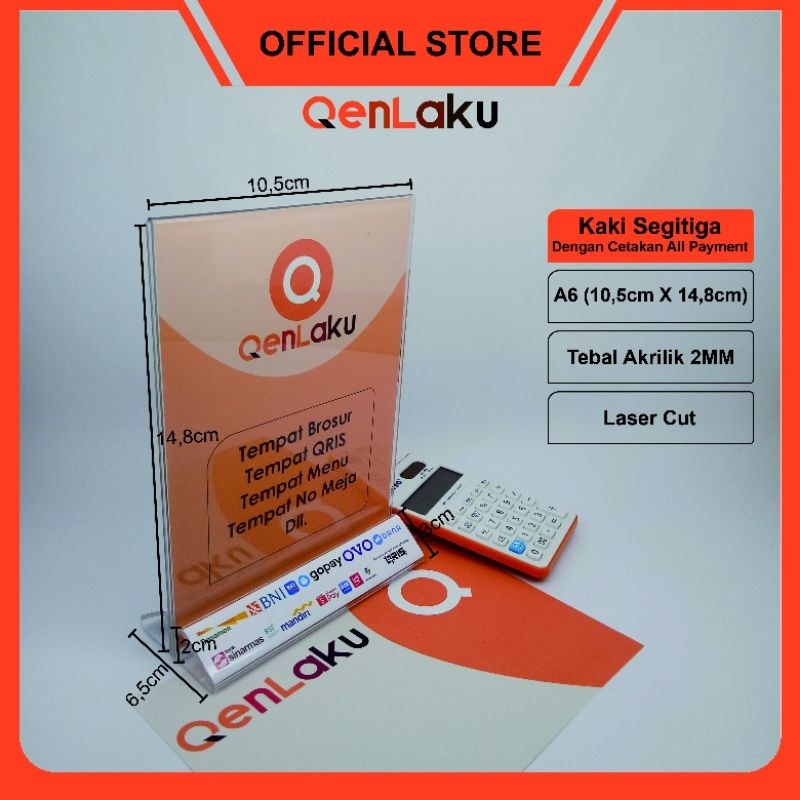 Akrilik Tempat QRIS/ Barcode A6 2mm kaki segitiga dengan cetakan logo all payment