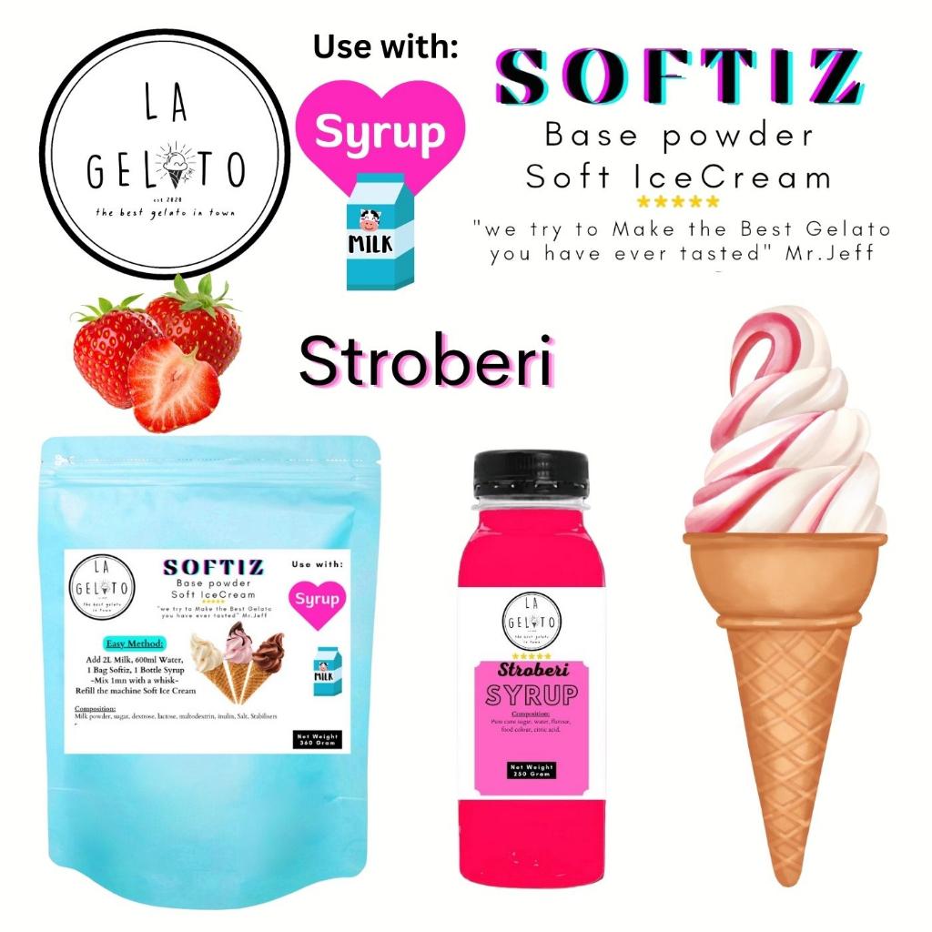 

Paket Softiz bubuk soft ice cream dan sirup rasa Strawberry untuk 3kg Praktis | Powder Ice Cream Fruity Buah Murah Mudah Cool Dingin Tahan Lama Coklat Vanila Thai Tea Capuccino Es Doger Taro Leci Anggur