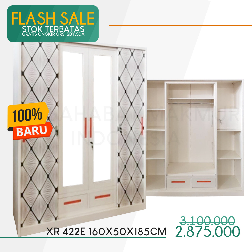 Lemari Pakaian Besi 4 Pintu Sliding Lemari Baju Metal Wardrobe Lemari Sliding