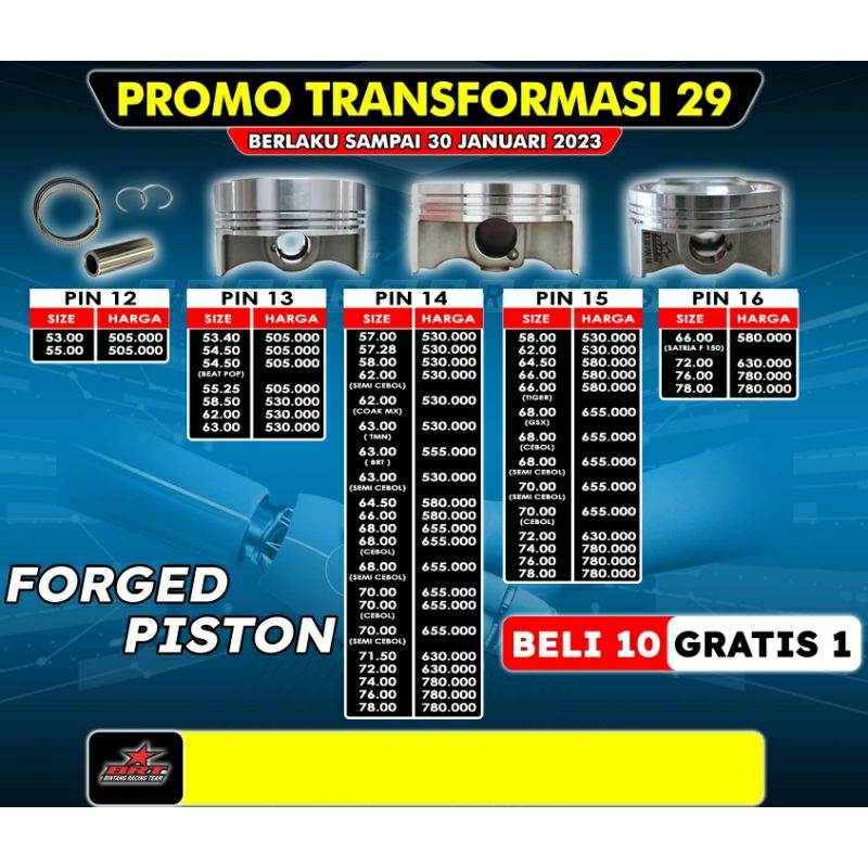 Piston mentah BRT Forged 64.5 & 66 pin 14 - pin 15