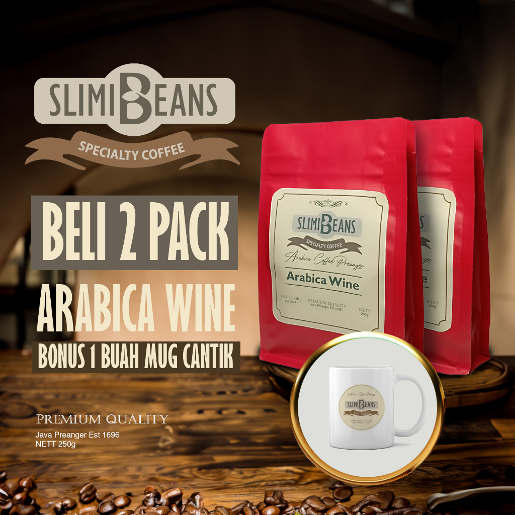 

Slimibeans Wine Specialty Coffee Isi 2 Pack 250gr Bonus Mug Cantik