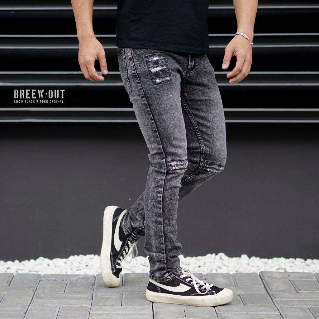 INSIGHT JEANS Celana jeans sandwash sobek lutut / celana jeans pria panjang / celana jeans slimfit /