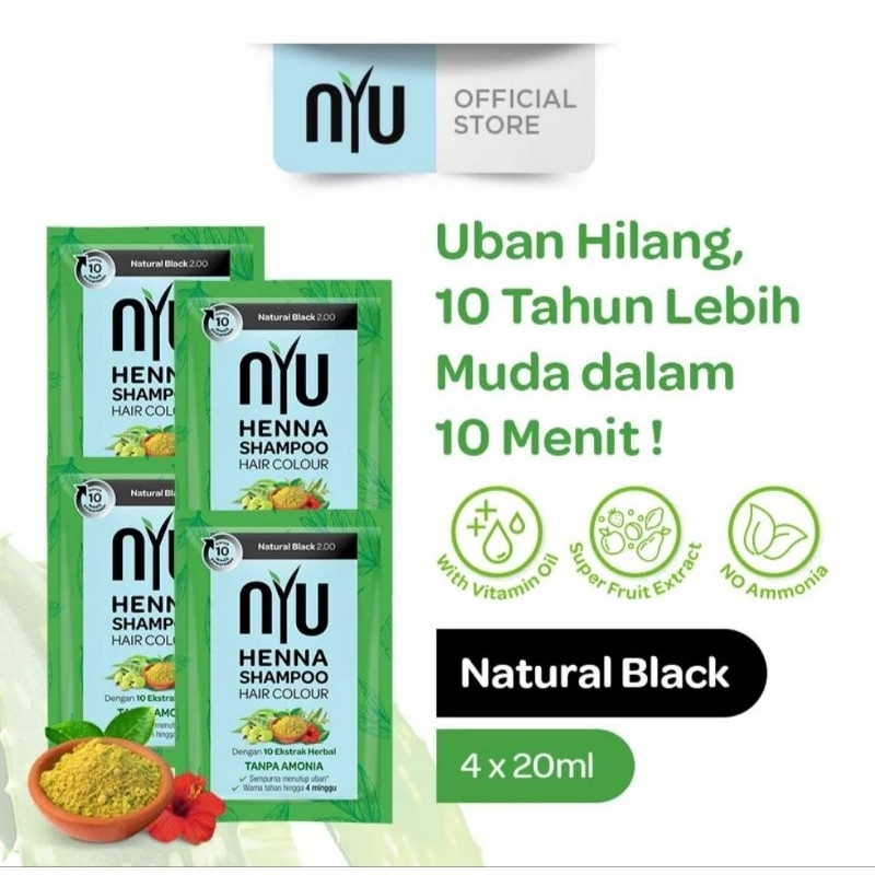 NYU Henna Shampoo Hair Color Natural Black isi 4 x 20 ml - NYU Sampo Henna Pewarna Rambut- Sampo Pen