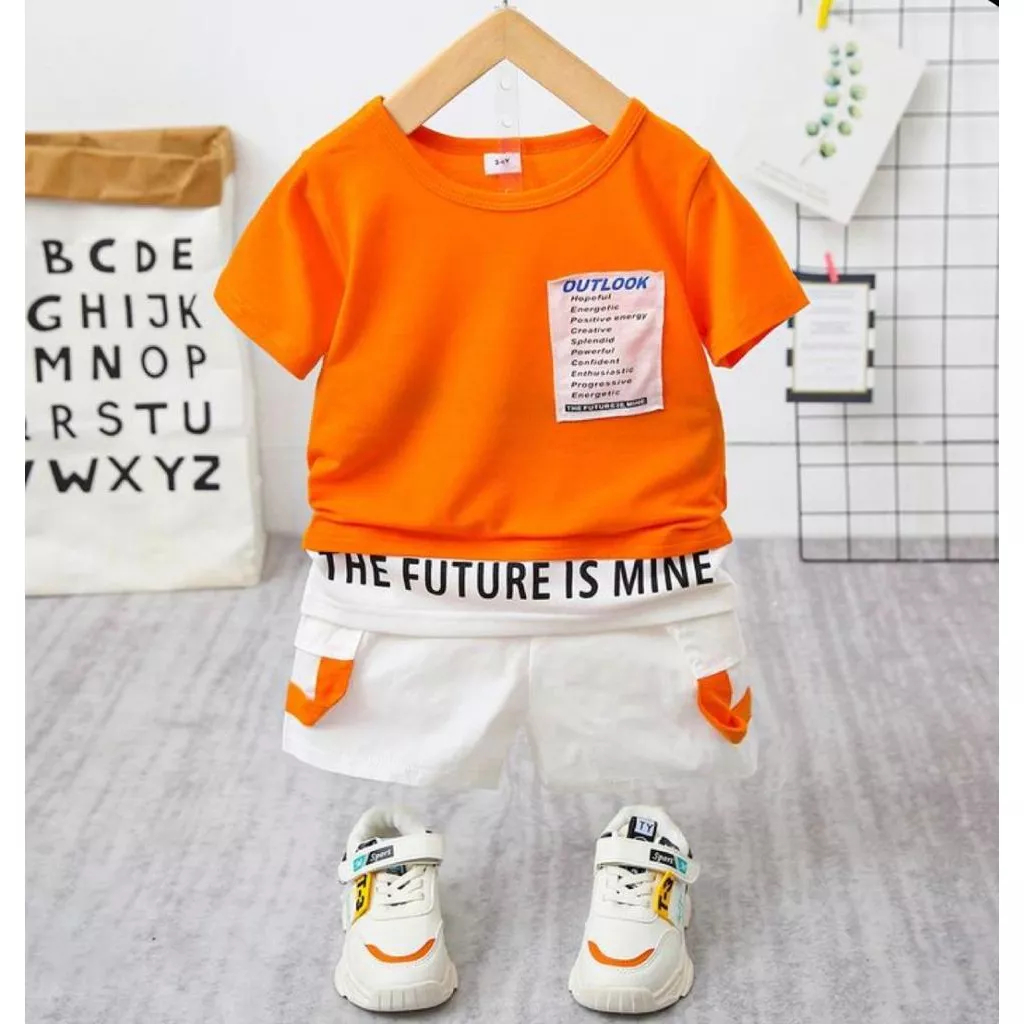 Setelan Baju Anak Usia 1-5 Tahun Motif OutLook Dengan 3 Varian Warna Bahan Kaos Katun Combad & Celan