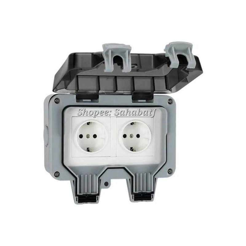 Stop Kontak 2 Lubang Double IP66 Waterproof Outdoor Wall Socket Tahan Air﻿ Hujan Anti Debu