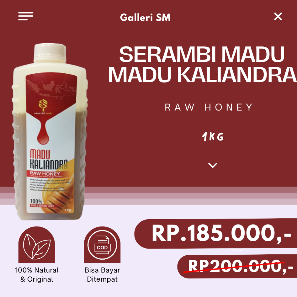 

Serambi Madu Kaliandra 1kg Raw Honey Dihasilkan Dari Bunga Kaliandra Pure & Natural Honey Madu Asli Original