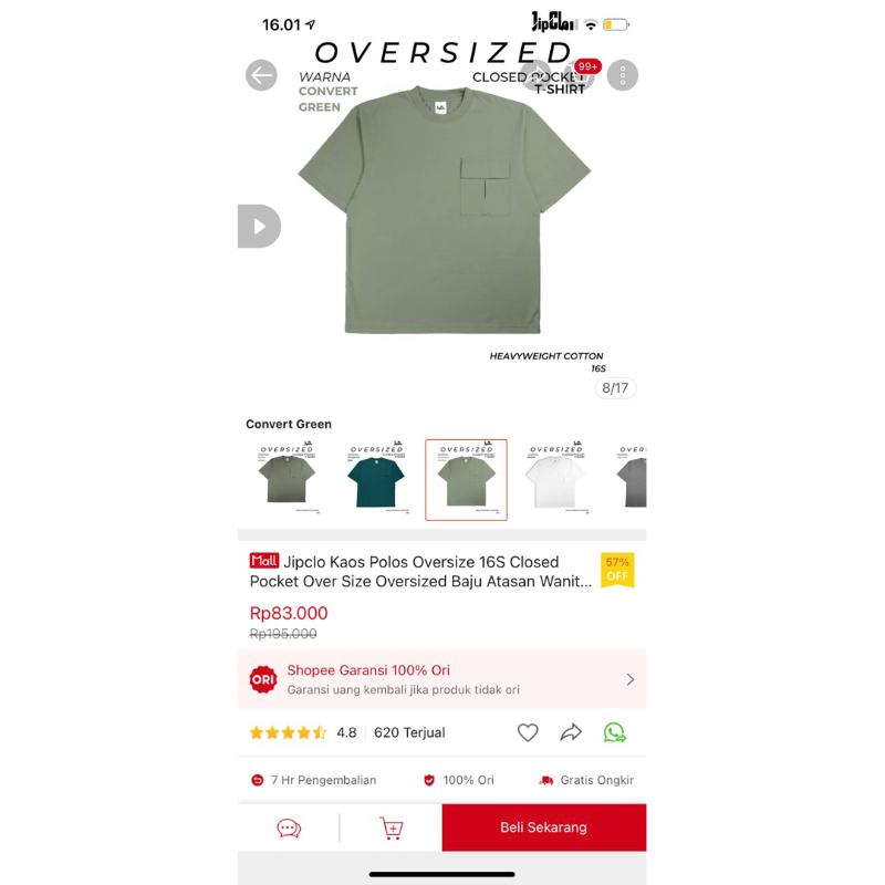 BOOKED Jipclo Kaos Polos Oversize 16S Closed Pocket Over Size Oversized Baju Atasan Wanita Pria Tshi