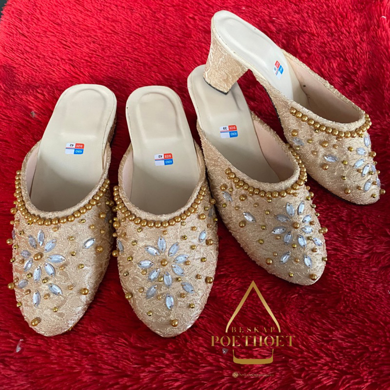 selop pengantin payet emas gold muda pria dan wanita kain jaguar hak sedang 5 cm couple