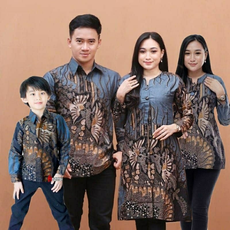 BATIK COUPLE KELUARGA Tunik Blouse sania ruffle ori ndoro jowi dnt motif Manuk Tarung Abu
