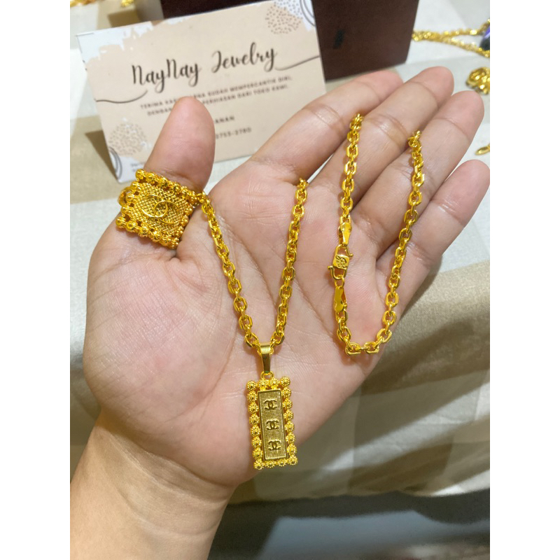Set perhiasan medan Cc panjang lapis emas 24k / kalung gelang cincin