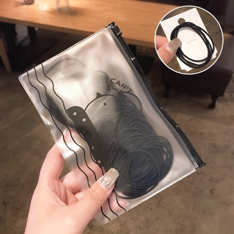 Ikat Rambut Karet Gelang Hitam Polos Elastis Gaya Korea Untuk Wanita Isi 100Pcs + FREE POUCH