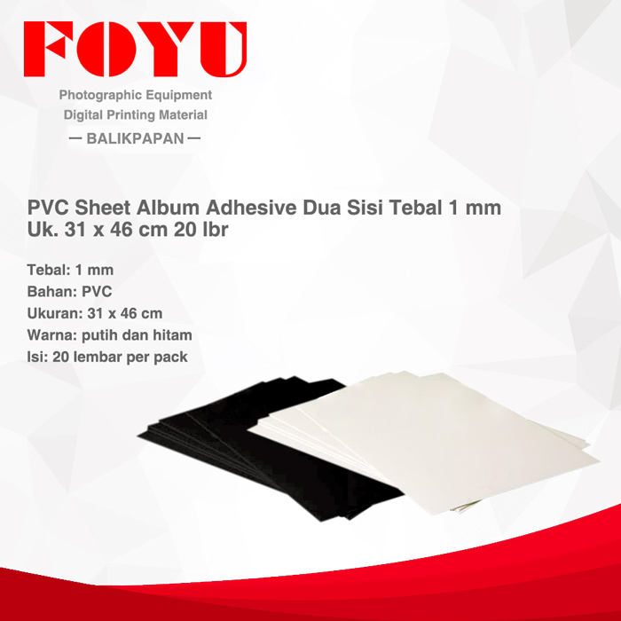 

PVC Sheet Album Adhesive Dua Sisi Tebal 1 mm Uk. 31 x 46 cm 20 lbr