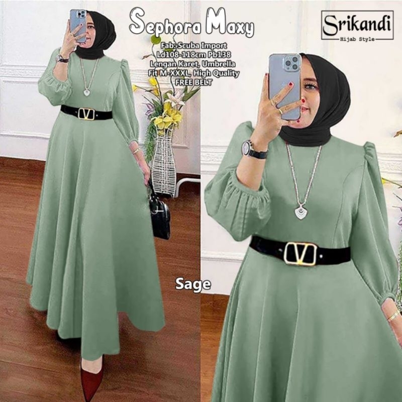 (( FREE BELT)) SEPHORA MAXY DRESS // BAJU GAMIS WANITA BAHAN SCUBA IMPORT// DRESS LENGAN BALON TERBA
