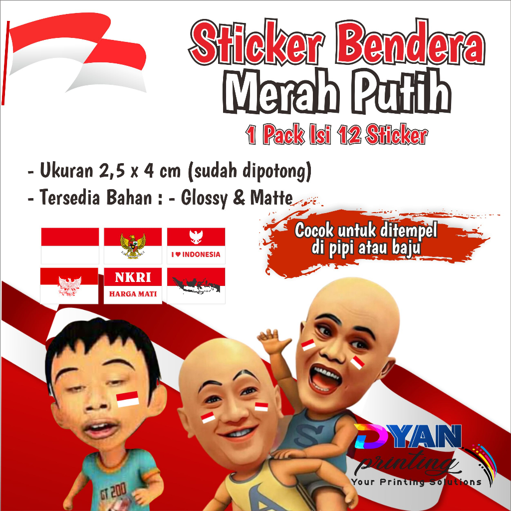 

12 PCS STICKER BENDERA MERAH PUTIH UNTUK DI PIPI/BAJU