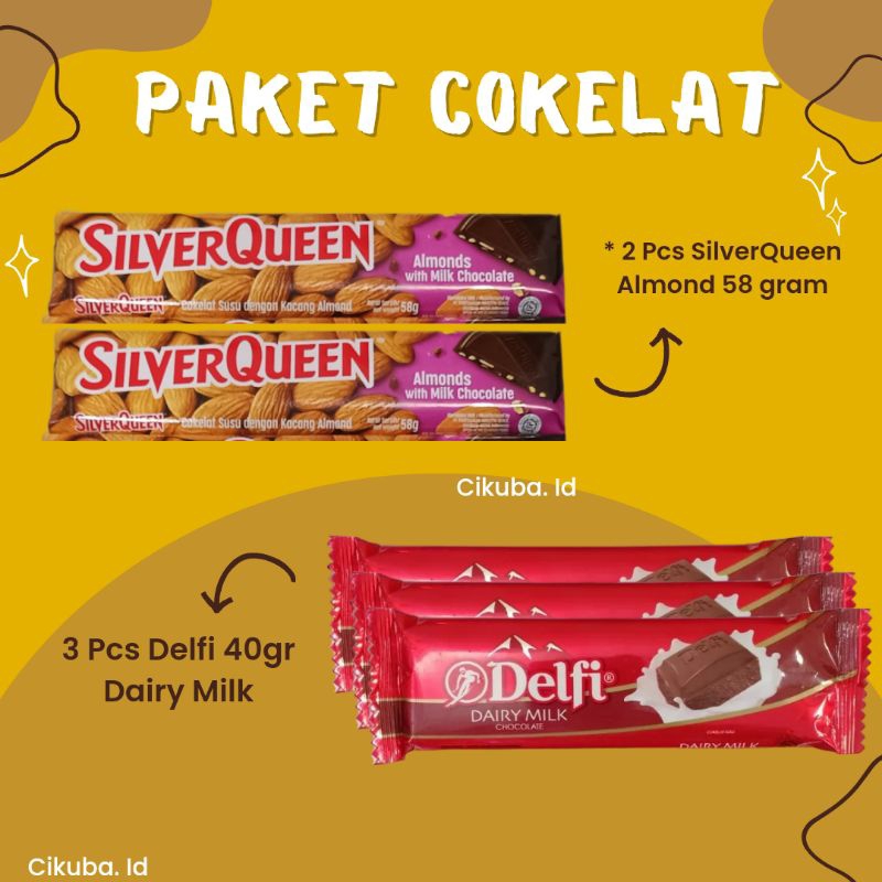 

Paket Cokelat 2 Silverqueen Almond 58 gram dan 3 pcs Delfi Diary Milk 40gram