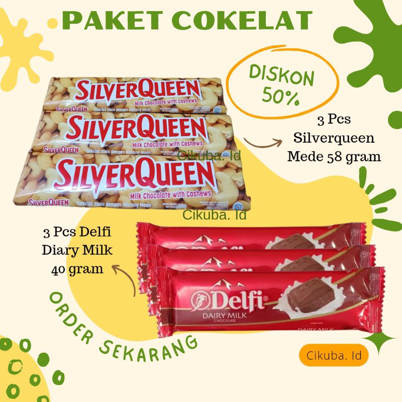 

Paket Cokelat 3 Silverqueen Mede Cashew 58 gram dan 3 pcs Delfi Diary Milk 40gram